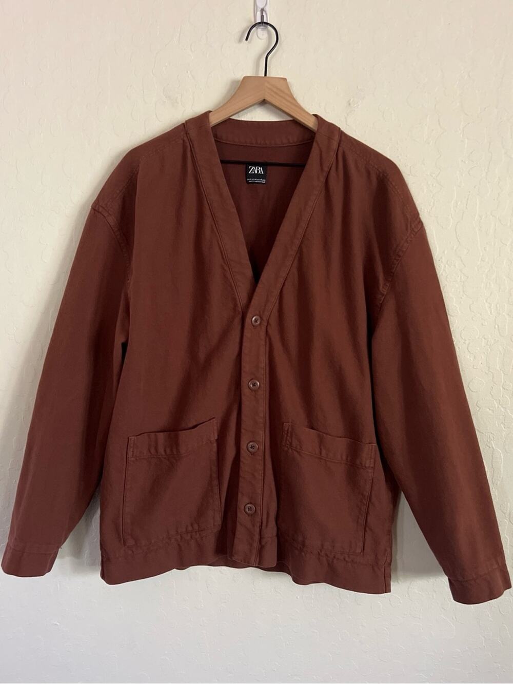 Zara 100% Cotton Button Front V-Neck Patch Pocket Cardigan Coat Medium Brown